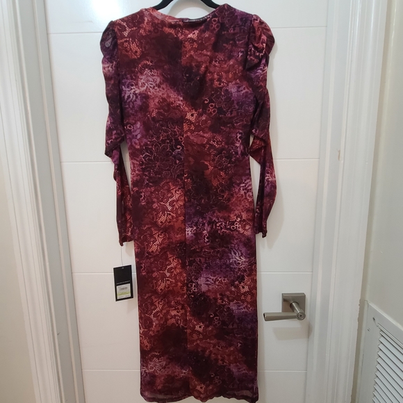 Nine West Mesh Ruched Sleeves Fitted Midi Dress in Elderberry Sz 4 - Picture 5 of 8